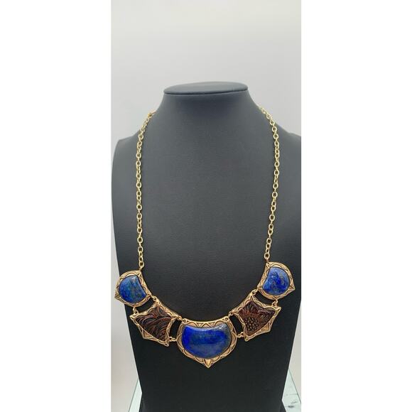 Barse Lapis Lazuli & Tooled Leather Necklace Etruscan Style, Up To 19" Long - Picture 5 of 8